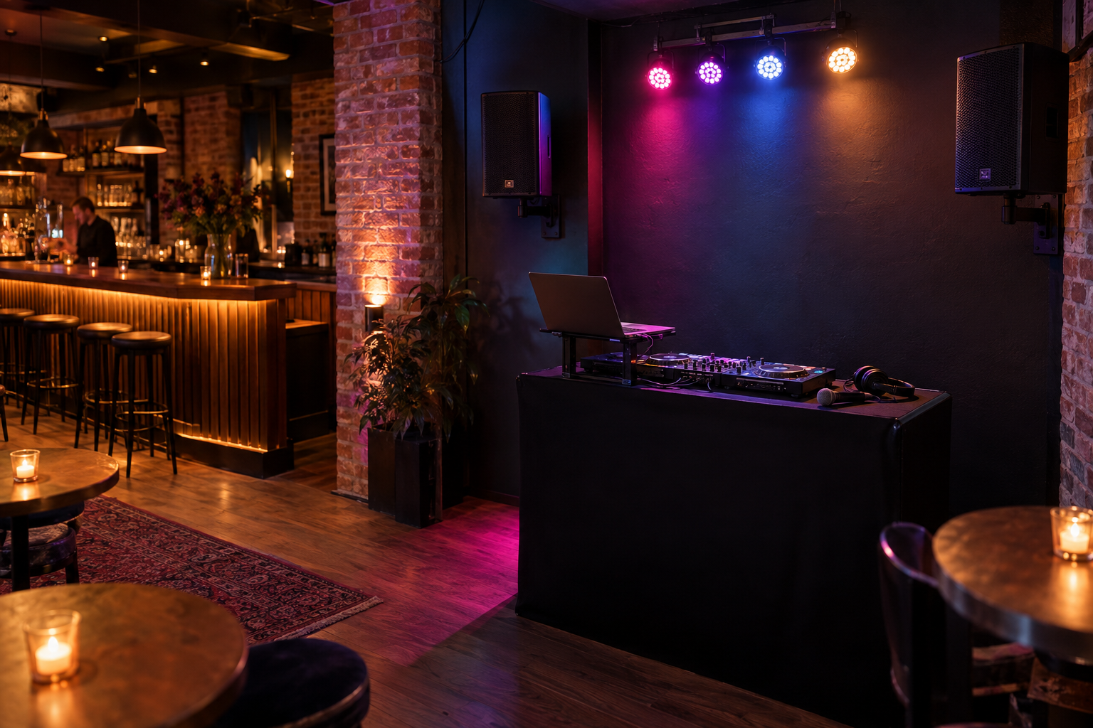 DJ-Setup in einer Bar mit Clubbeleuchtung